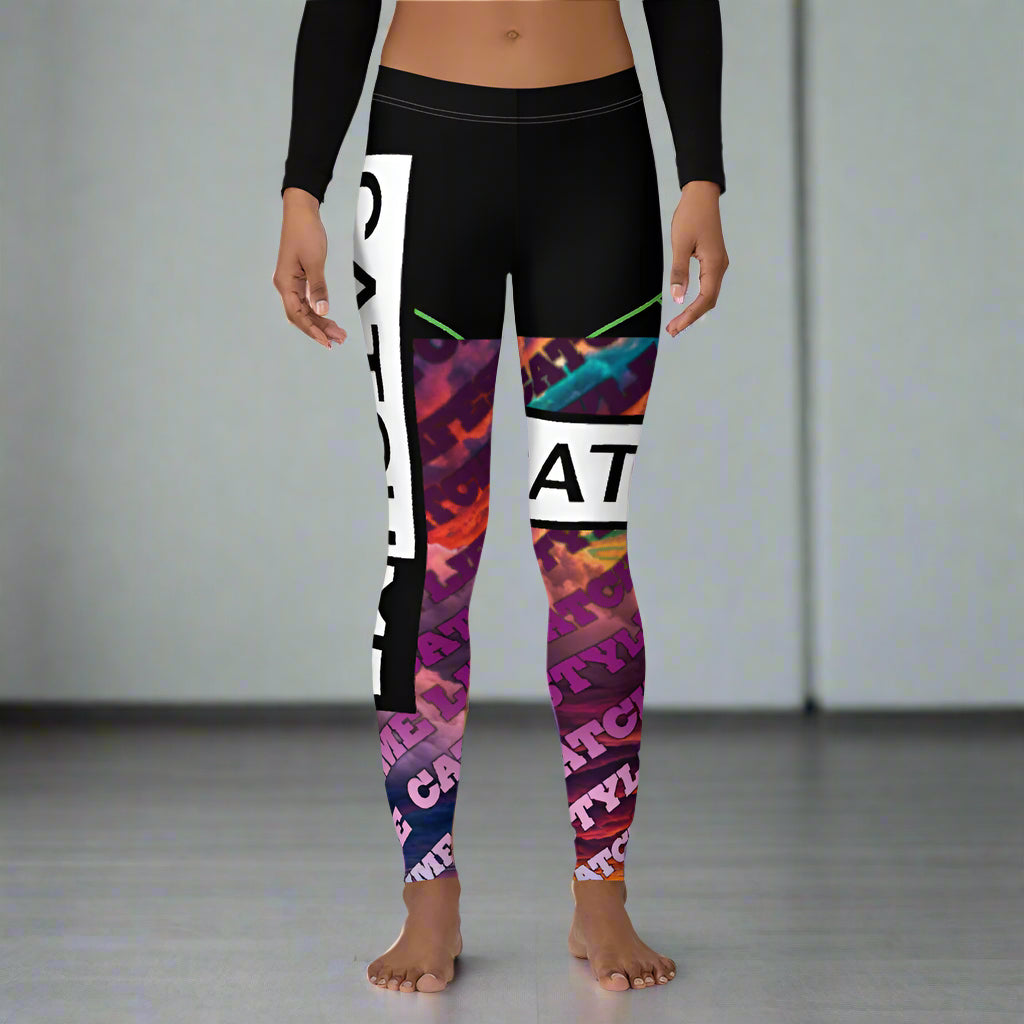 Colorful patterned leggings with catchme text  written all over, worn by a person on a neutral background